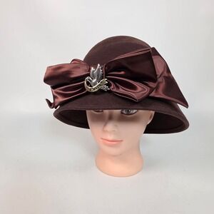 Joe Bill Miller Women's Brown Wool Cloche Hat Satin Bow Peace Brooch Church